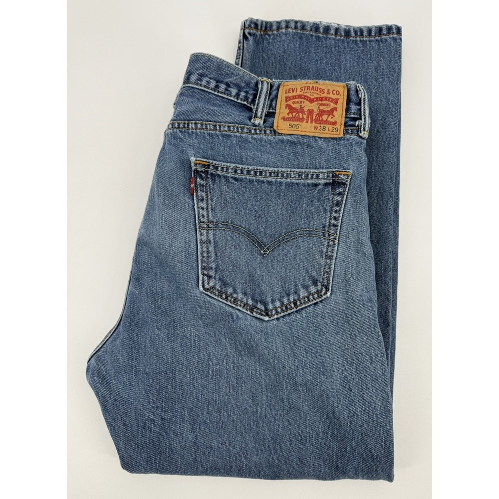 Levis 505 Jeans Mens 38x29 Blue Straight Leg Medium Wash Distressed Denim Pants